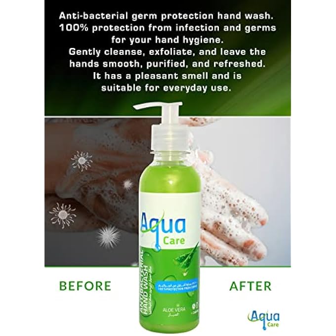 Aqua Care ANTI BACTERIA LIQUID HAND WASH ALOE VERA & EFFECTIVE GERM PROTECT SKIN HAND SOAP, MOISTURIZING & SOOTHING CLEAN WITH FRESH SCENT, ESSENTIAL OILS & PARABEN FREE, 240ML - Image 3